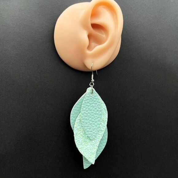 Green Faux Leather with Sequin Layered Leaf 316L Stainless Steel Hook Earrings - Picture 8 of 9